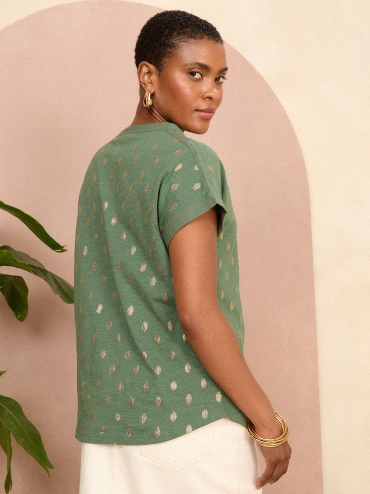 Love & Roses Khaki Foil Dash Jersey V Neck Woven Trim Short Sleeve T-Shirt - Image 2 of 4