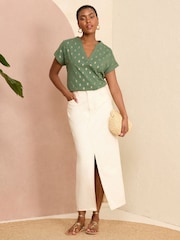 Love & Roses Khaki Foil Dash Jersey V Neck Woven Trim Short Sleeve T-Shirt - Image 3 of 4