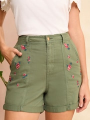 Love & Roses Khaki Green Embroidered Utility Shorts - Image 1 of 4