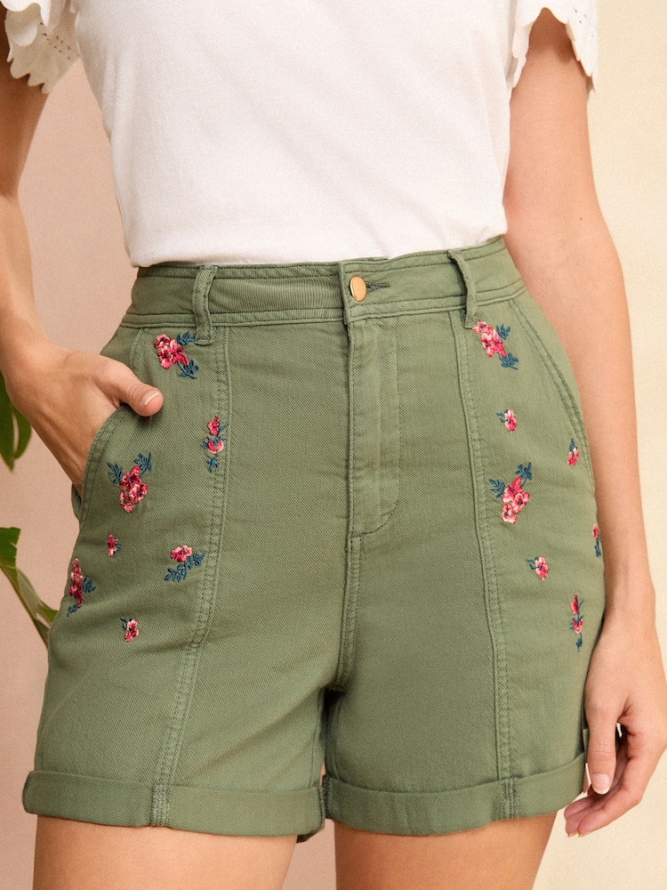 Love & Roses Khaki Green Embroidered Utility Shorts - Image 1 of 4