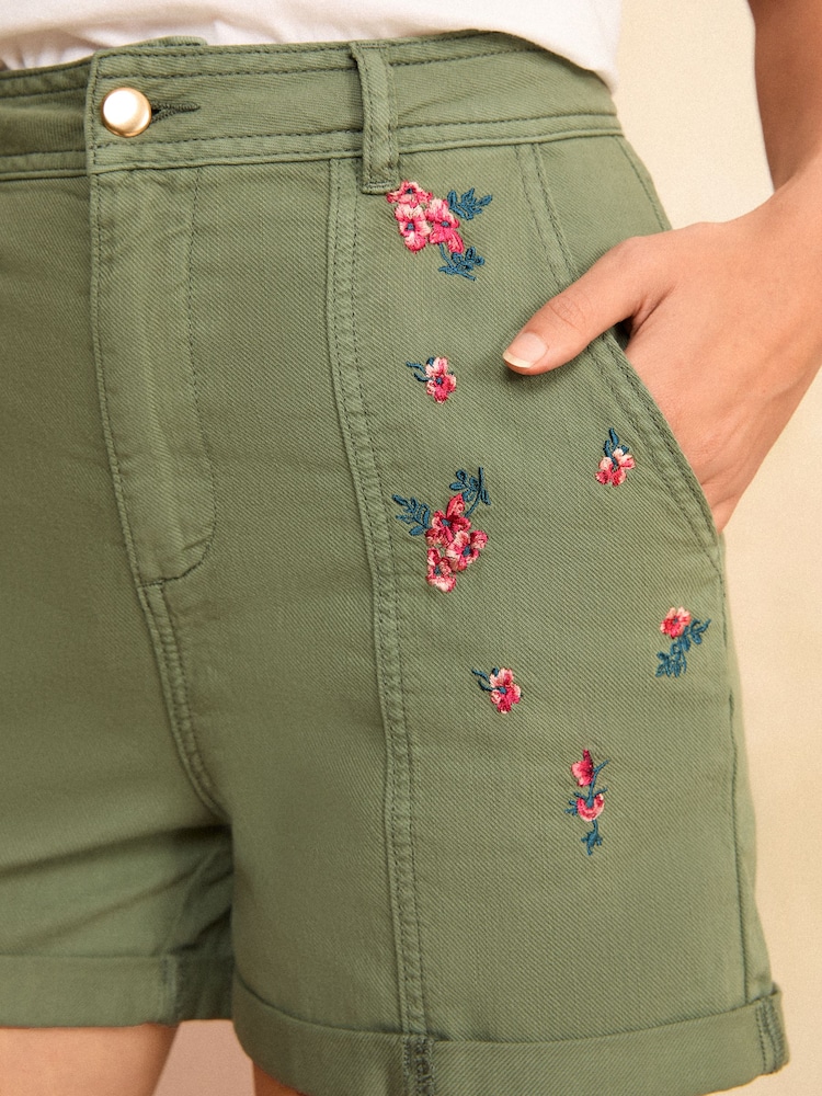 Love & Roses Khaki Green Embroidered Utility Shorts - Image 2 of 4