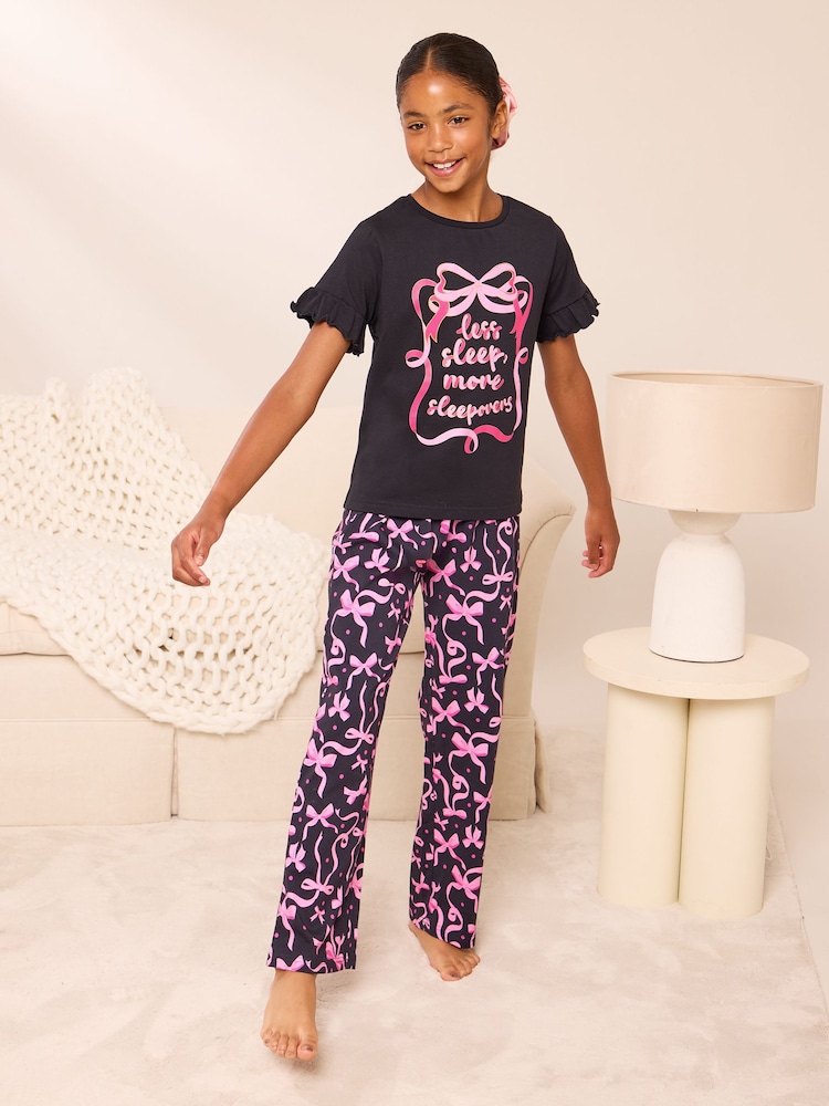 Lipsy Black/Pink Jersey Long Leg Frill Pyjamas Set (5-16yrs) - Image 2 of 6 Lipsy Black/Pink Jersey Long Leg Frill Pyjamas Set (5-16yrs) - Image 2 of 6