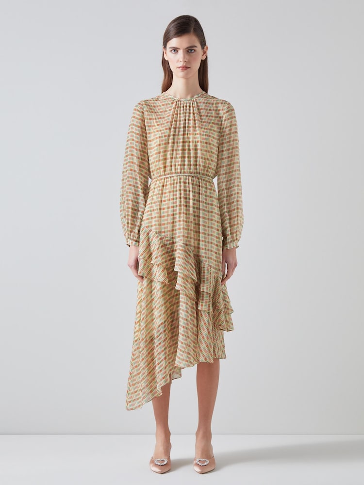 LK Bennett Mini Bea Check Silk Chiffon Ruffle Dress - Image 1 of 5
