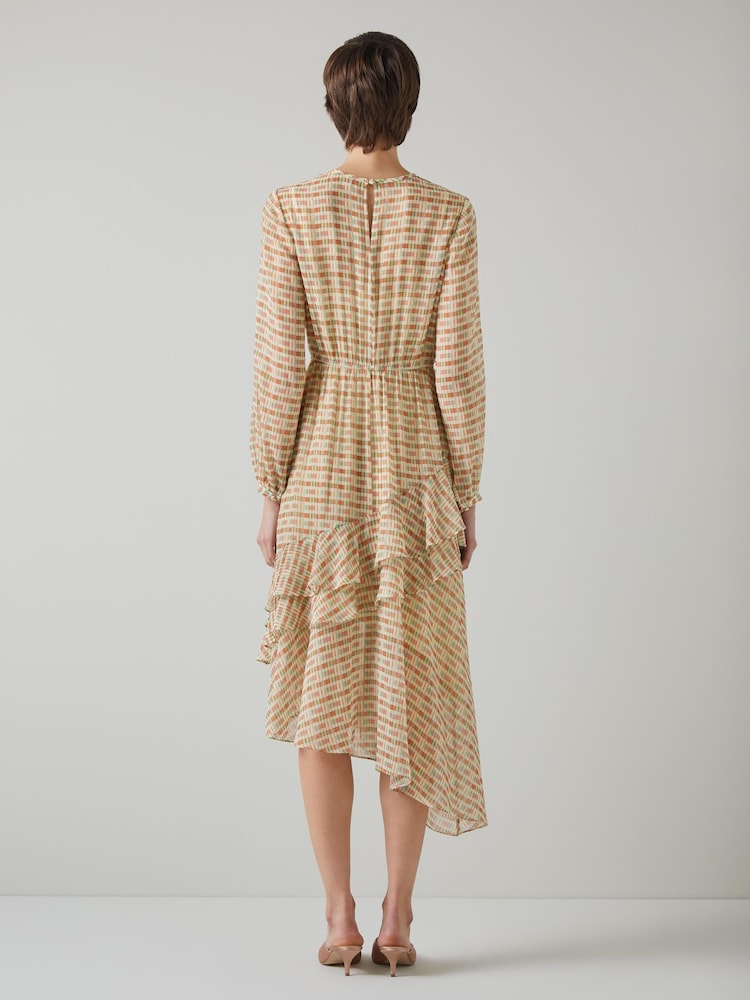 LK Bennett Mini Bea Check Silk Chiffon Ruffle Dress - Image 2 of 5