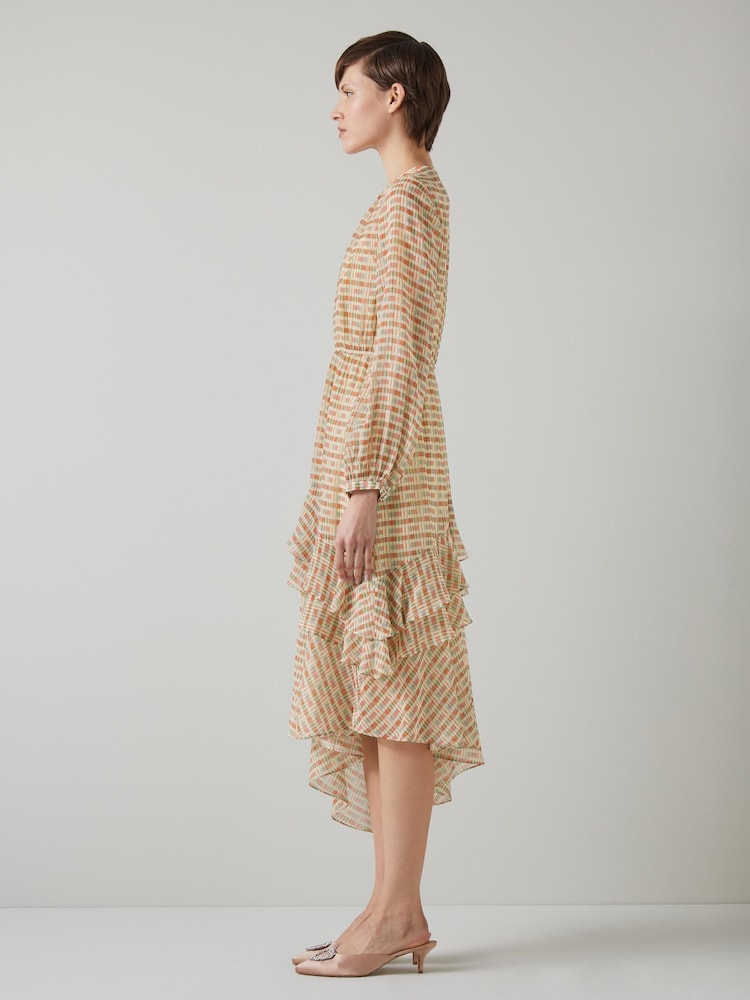 LK Bennett Mini Bea Check Silk Chiffon Ruffle Dress - Image 3 of 5