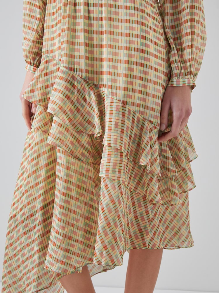 LK Bennett Mini Bea Check Silk Chiffon Ruffle Dress - Image 4 of 5