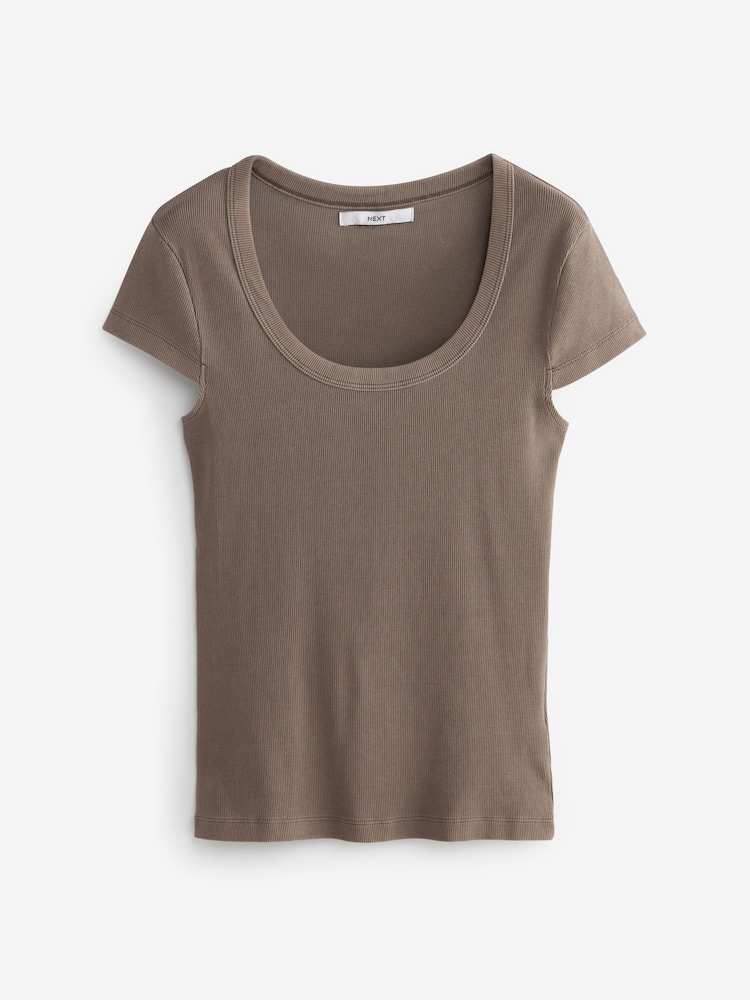 Chocolate Brown Slim Fit Scoop Neck Stretch Rib Short Sleeve T-Shirt - Image 6 of 7