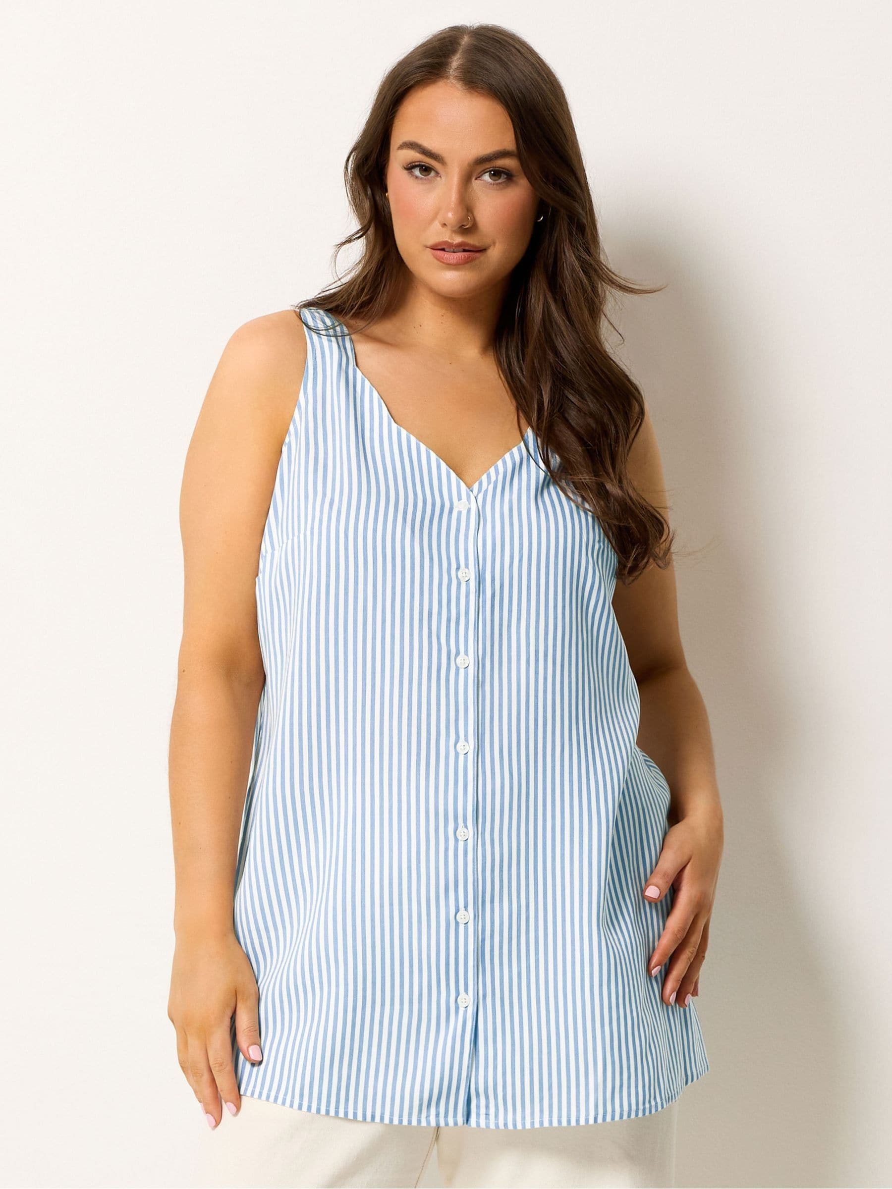 Yours Curve Women's Blue Stripe Button Vest Top