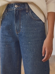 Dark Blue Embellished Wide Leg 100% Cotton Jeans - Image 1 of 8