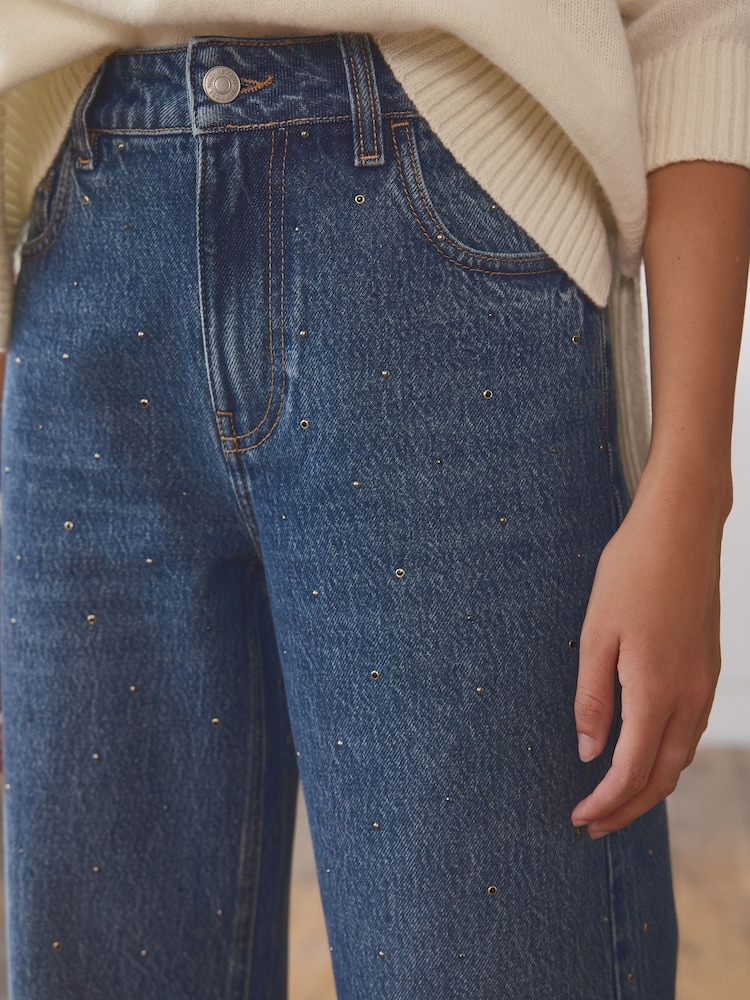 Dark Blue Embellished Wide Leg 100% Cotton Jeans - Image 1 of 8
