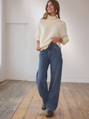 Dark Blue Embellished Wide Leg 100% Cotton Jeans - Image 3 of 8