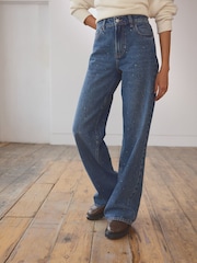 Dark Blue Embellished Wide Leg 100% Cotton Jeans - Image 4 of 8