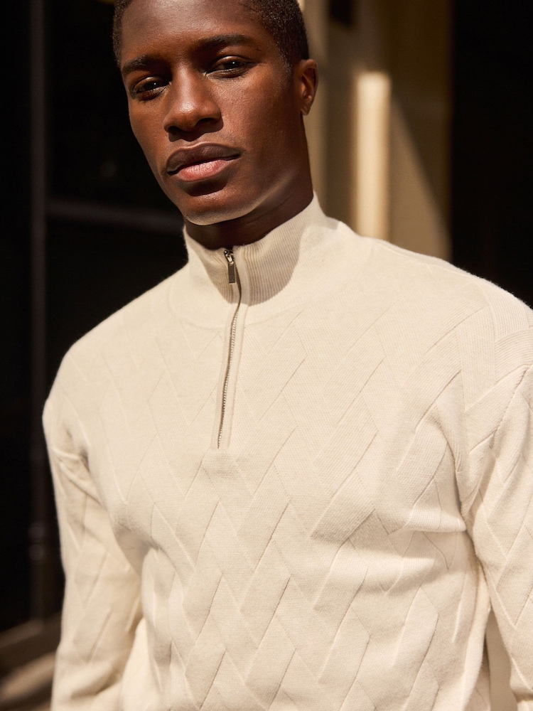 Ecru White Regular Fit Soft Touch Premium Quarter Zip Jumper - Image 1 of 4
