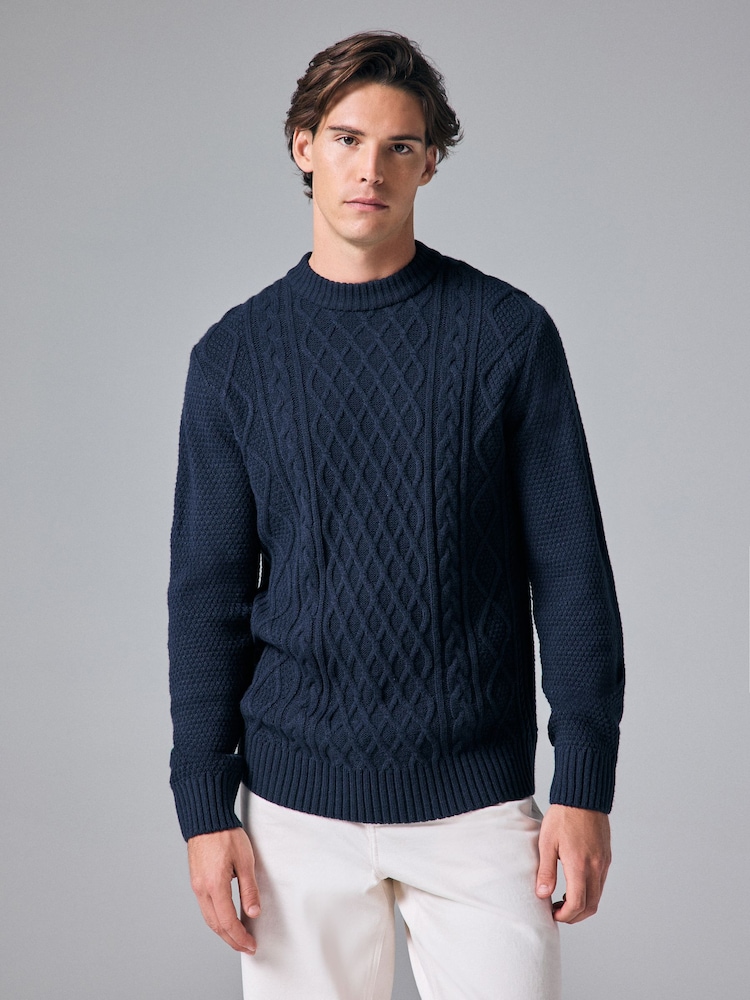 Marineblau/blau - Regular Fit Cable Knit Crew Jumper with Wool - Bild 1 von 7 Marineblau/blau - Regular Fit Cable Knit Crew Jumper with Wool - Bild 1 von 7