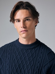 Marineblau/blau - Regular Fit Cable Knit Crew Jumper with Wool - Bild 4 von 7