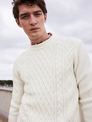 Ecru, Weiß - Regular Fit Cable Knit Crew Jumper with Wool - Bild 1 von 7