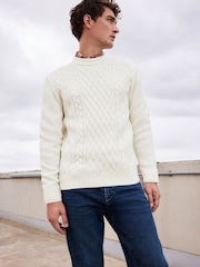 Ecru, Weiß - Regular Fit Cable Knit Crew Jumper with Wool - Bild 3 von 7