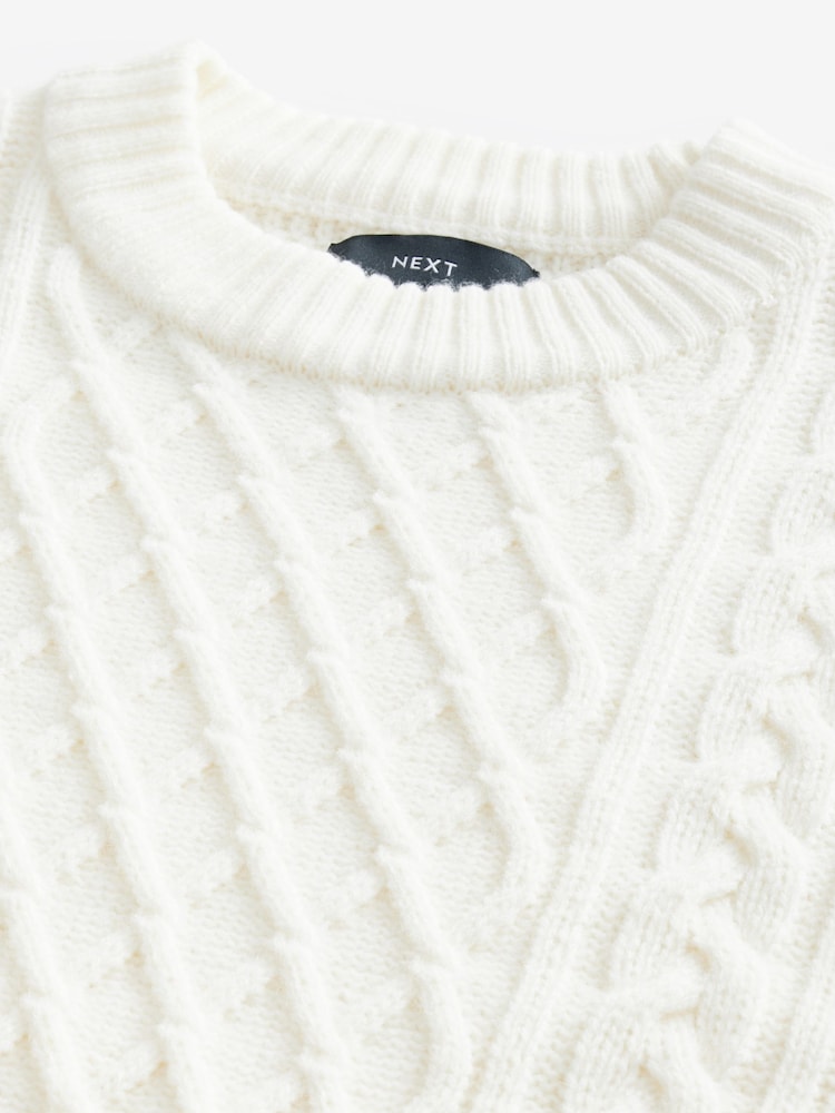 Ecru, Weiß - Regular Fit Cable Knit Crew Jumper with Wool - Bild 7 von 7