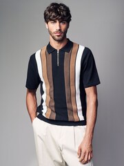 Black/Tan Brown Regular Fit 100% Cotton Knit Vertical Stripe Zip Polo Shirt - Image 1 of 7