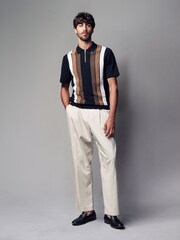 Black/Tan Brown Regular Fit 100% Cotton Knit Vertical Stripe Zip Polo Shirt - Image 2 of 7