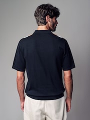 Black/Tan Brown Regular Fit 100% Cotton Knit Vertical Stripe Zip Polo Shirt - Image 3 of 7