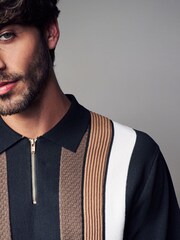 Black/Tan Brown Regular Fit 100% Cotton Knit Vertical Stripe Zip Polo Shirt - Image 4 of 7