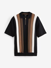Black/Tan Brown Regular Fit 100% Cotton Knit Vertical Stripe Zip Polo Shirt - Image 5 of 7