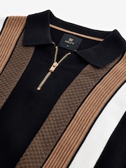 Black/Tan Brown Regular Fit 100% Cotton Knit Vertical Stripe Zip Polo Shirt - Image 6 of 7