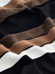 Black/Tan Brown Regular Fit 100% Cotton Knit Vertical Stripe Zip Polo Shirt - Image 7 of 7