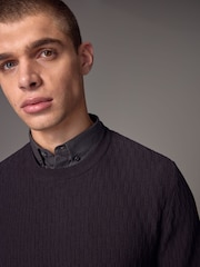 Black Texture Crew Neck Regular Mock Shirt Jumper - Image 1 of 6