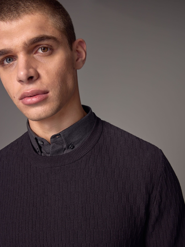 Black Texture Crew Neck Regular Mock Shirt Jumper - Image 1 of 6 Black Texture Crew Neck Regular Mock Shirt Jumper - Image 1 of 6