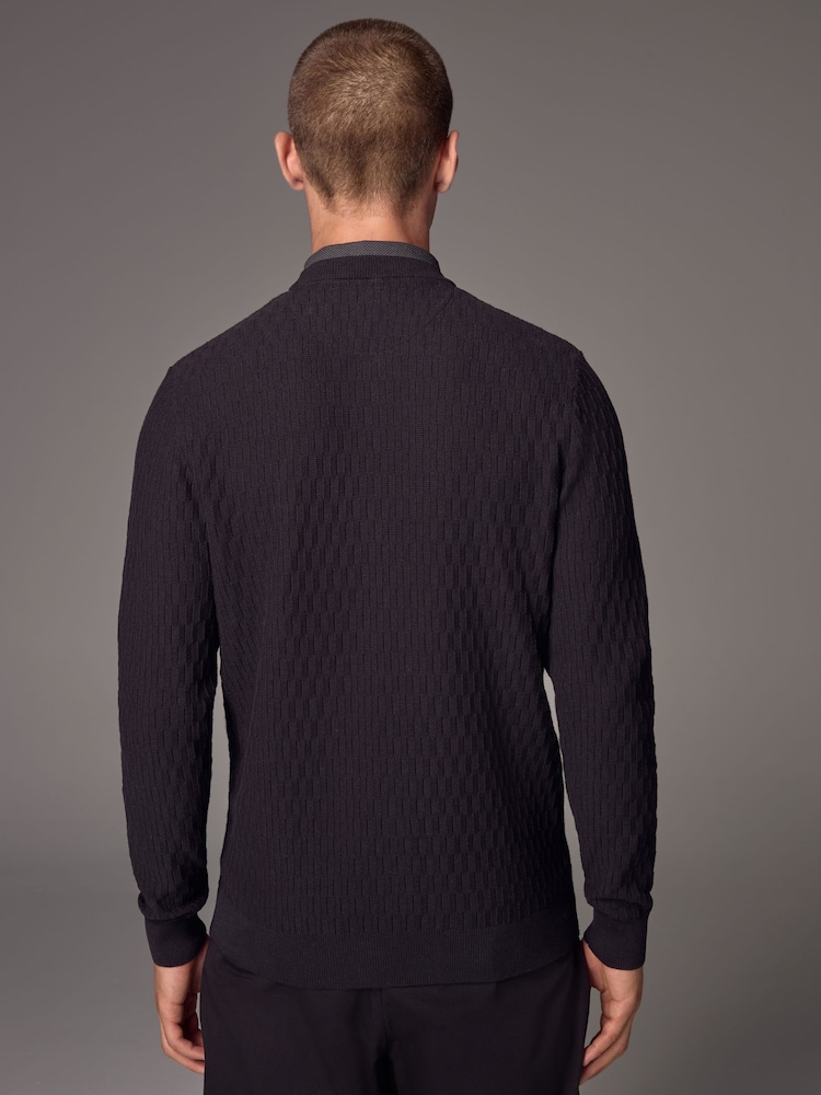 Black Texture Crew Neck Regular Mock Shirt Jumper - Image 2 of 6 Black Texture Crew Neck Regular Mock Shirt Jumper - Image 2 of 6