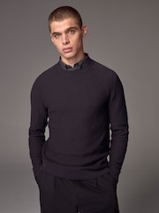 Black Texture Crew Neck Regular Mock Shirt Jumper - Image 3 of 6