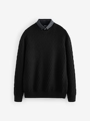 Black Texture Crew Neck Regular Mock Shirt Jumper - Image 4 of 6