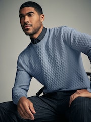 Mid-Blue Texture Crew Neck Regular Mock Shirt Jumper - Image 1 of 8