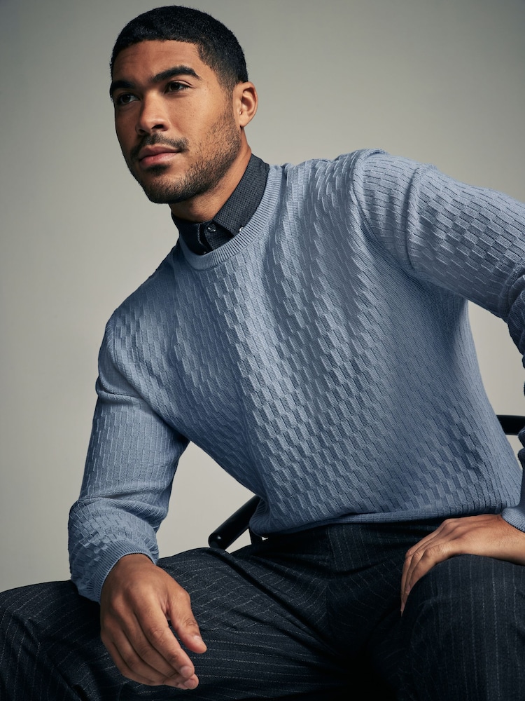 Mid-Blue Texture Crew Neck Regular Mock Shirt Jumper - Image 1 of 8
