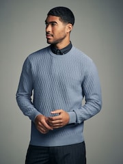 Mid-Blue Texture Crew Neck Regular Mock Shirt Jumper - Image 4 of 8