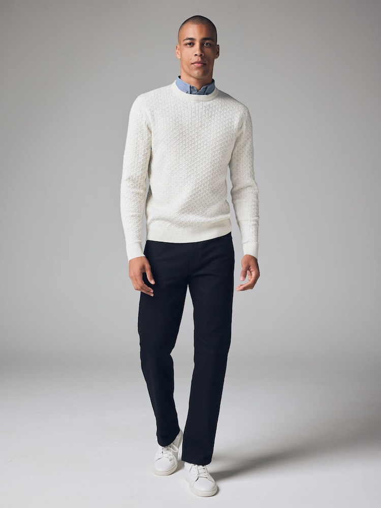 Ecru Cable Crew Neck Regular 100% Cotton Mock Shirt Jumper - Image 2 of 7