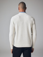 Ecru Cable Crew Neck Regular 100% Cotton Mock Shirt Jumper - Image 3 of 7