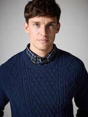 Navy Cable Gingham Crew Neck Regular Mock Shirt Jumper - Image 1 of 7