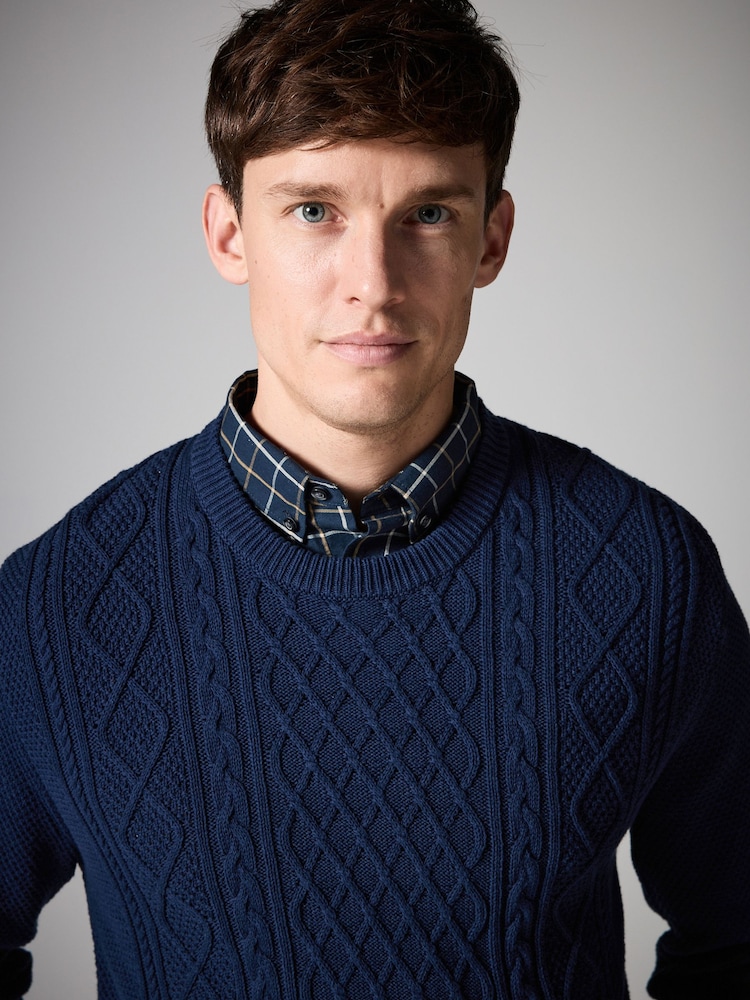 Navy Cable Gingham Crew Neck Regular Mock Shirt Jumper - Image 1 of 7