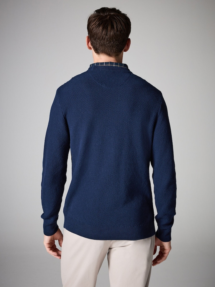 Navy Cable Gingham Crew Neck Regular Mock Shirt Jumper - Image 2 of 7