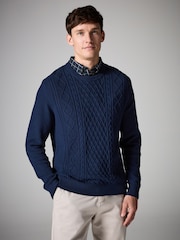 Navy Cable Gingham Crew Neck Regular Mock Shirt Jumper - Image 4 of 7