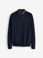 Navy Cable Gingham Crew Neck Regular Mock Shirt Jumper - Image 5 of 7