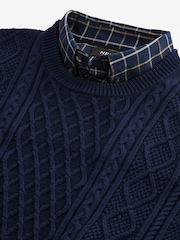 Navy Cable Gingham Crew Neck Regular Mock Shirt Jumper - Image 7 of 7
