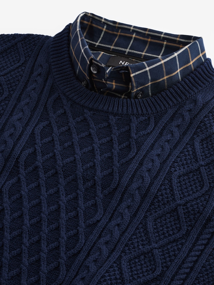 Navy Cable Gingham Crew Neck Regular Mock Shirt Jumper - Image 7 of 7