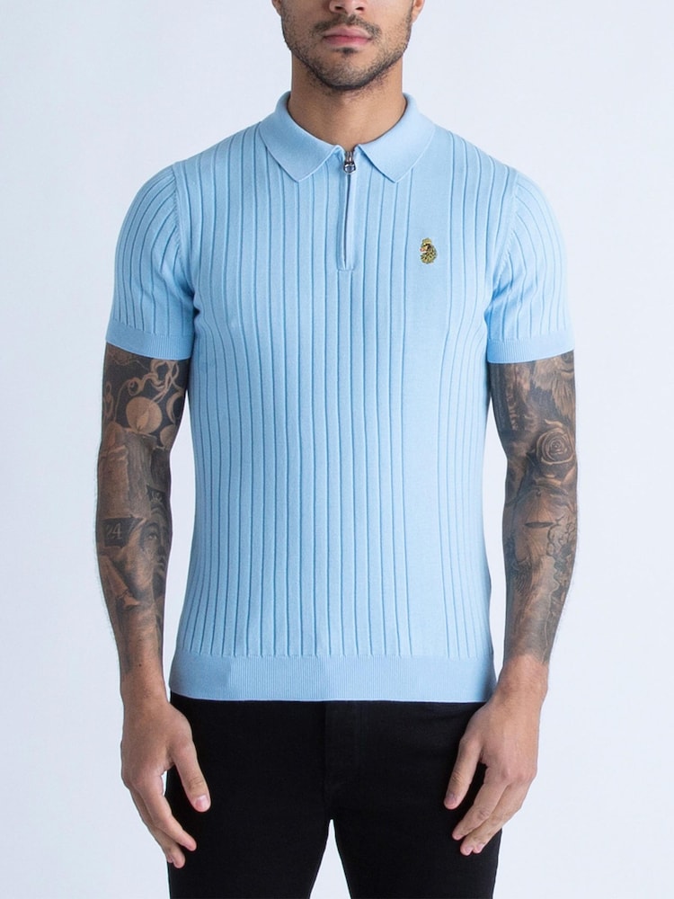 Luke 1977 Blue 100% Cotton Rib Eye Knitted Polo Shirt - Image 1 of 7