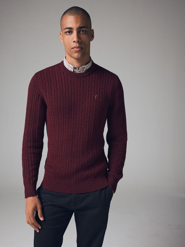 Burgundy Red Cable Crew Neck Regular Mock Shirt Jumper - Image 1 of 7