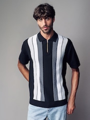 Black/White Regular Fit 100% Cotton Knit Vertical Stripe Quarter Zip Polo Shirt - Image 1 of 7