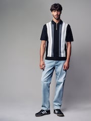 Black/White Regular Fit 100% Cotton Knit Vertical Stripe Quarter Zip Polo Shirt - Image 2 of 7
